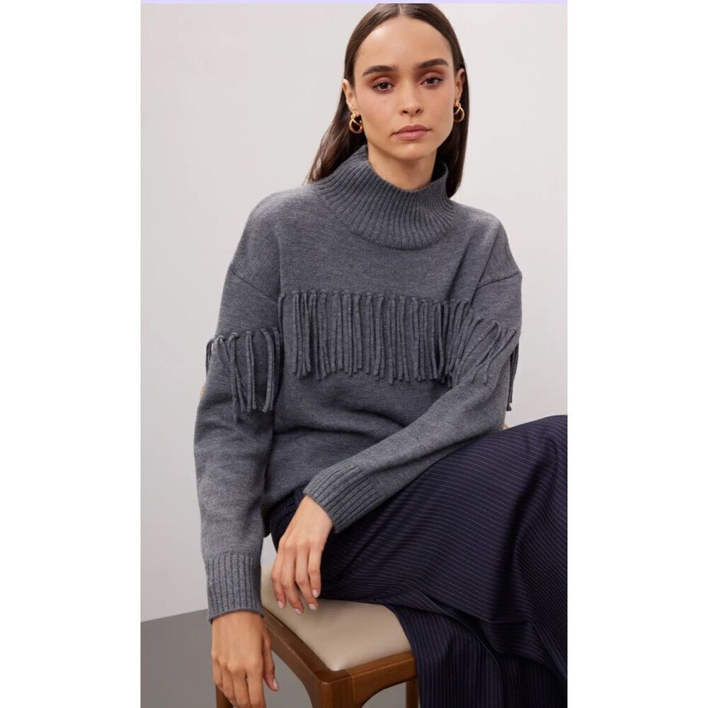 JASON WU Fringe Wool Turtleneck Sweater in Grey N… - image 5